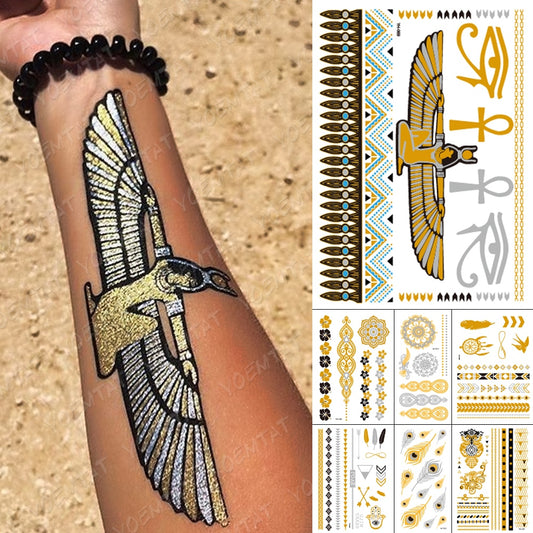 Waterproof Temporary Tattoo Sticker Metallic Gold Silver Eyes Egyptian Goddess Hies Flash Tatoo Women Henna Body Art Fake Tatto