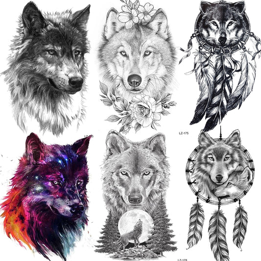 Wolf Black Temporary Tattoos For Men Boys Girl Dreamcatcher Forest Tattoo Realistic Fake Flora Flower Waterproof Coyote Tatoo 3D