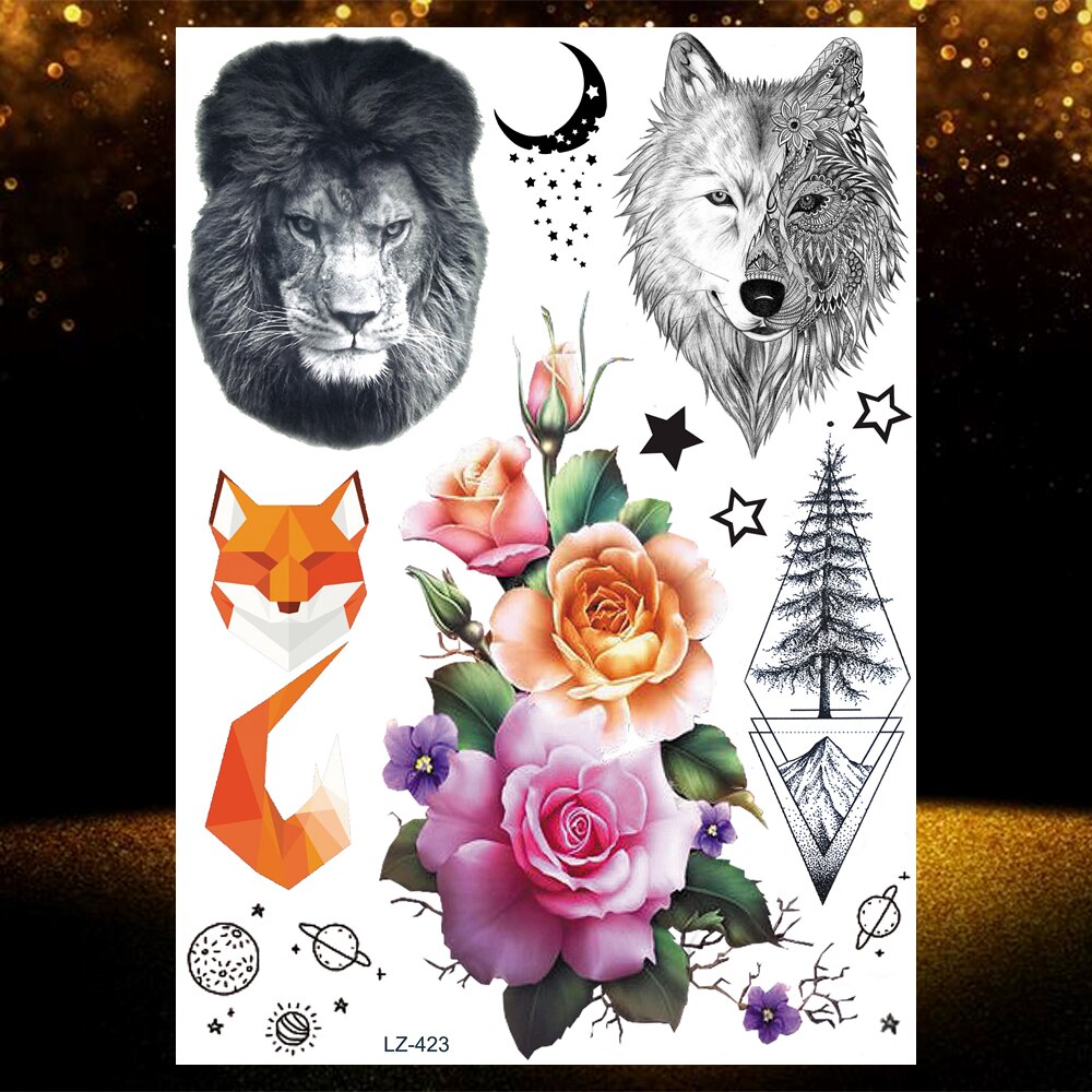 Wolf Black Temporary Tattoos For Men Boys Girl Dreamcatcher Forest Tattoo Realistic Fake Flora Flower Waterproof Coyote Tatoo 3D